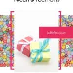 Pin that says "Best Gifts for Tween & Teen Girls" in black font at the top, "the complete gift guide" at the bottom. Floral pattern in the middle with 2 brightly wrapped gifts layered on top.