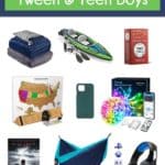 Nine images of gift ideas in a grid. Inside a green box with a blue border at the top of the image are white letters that say "Best Gifts for Tween and Teen Boys." At the bottom inside a blue rectangle with green line is written in white letters: "www.salteffect.com"