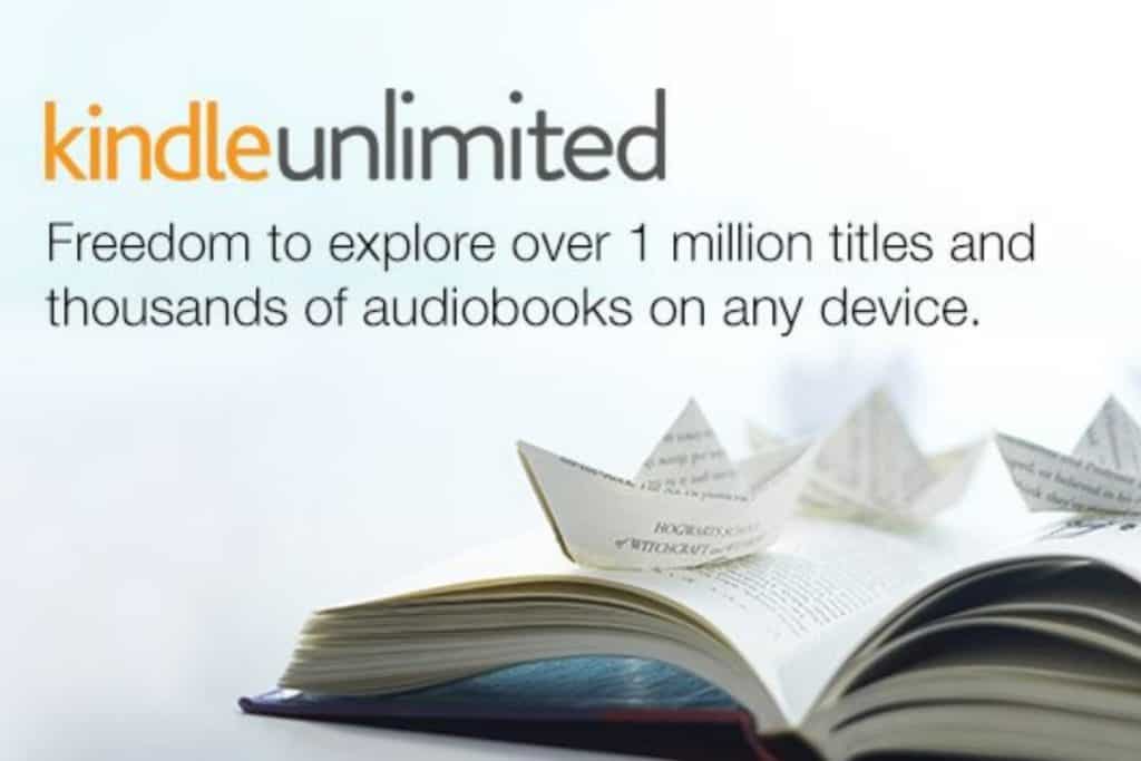 Image of an open book on a white background with letter that says "Kindle Unlimited: Freedom to explore over 1 million titles and thousands of audiobooks on any device"