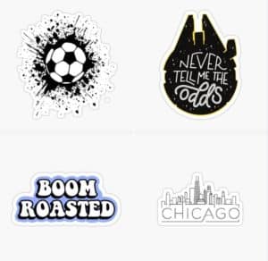 Four laptop or water bottle stickers from Redbubble as gifts for tween and teen boys. A soccer ball, the Millennium Falcon, "Boom Roasted" and a Chicago skyline