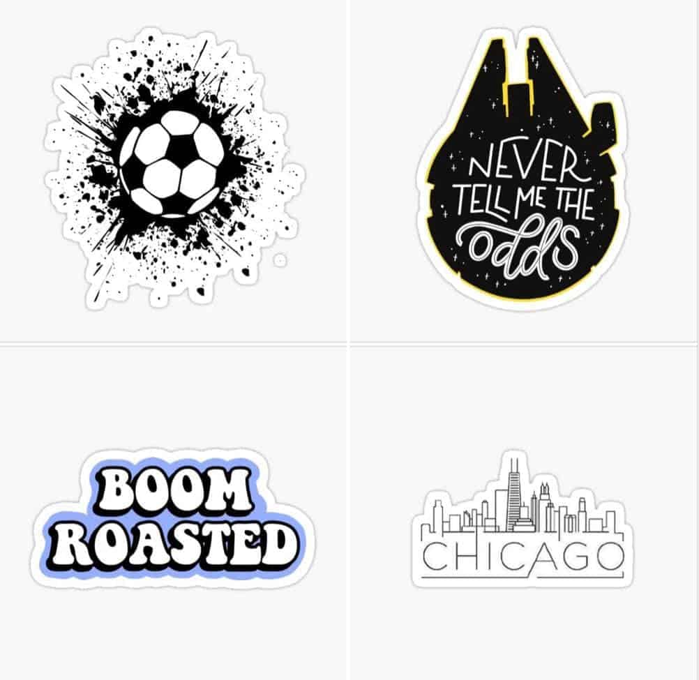 Four laptop or water bottle stickers from Redbubble as gifts for tween and teen boys. A soccer ball, the Millennium Falcon, "Boom Roasted" and a Chicago skyline