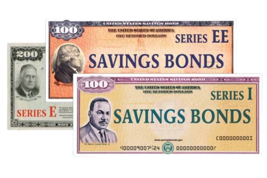 3 US Treasury savings bonds. One series I, series EE, series E