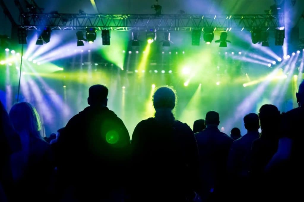 silhouettes of people at a concert with blue and green lights flashing up at the stage