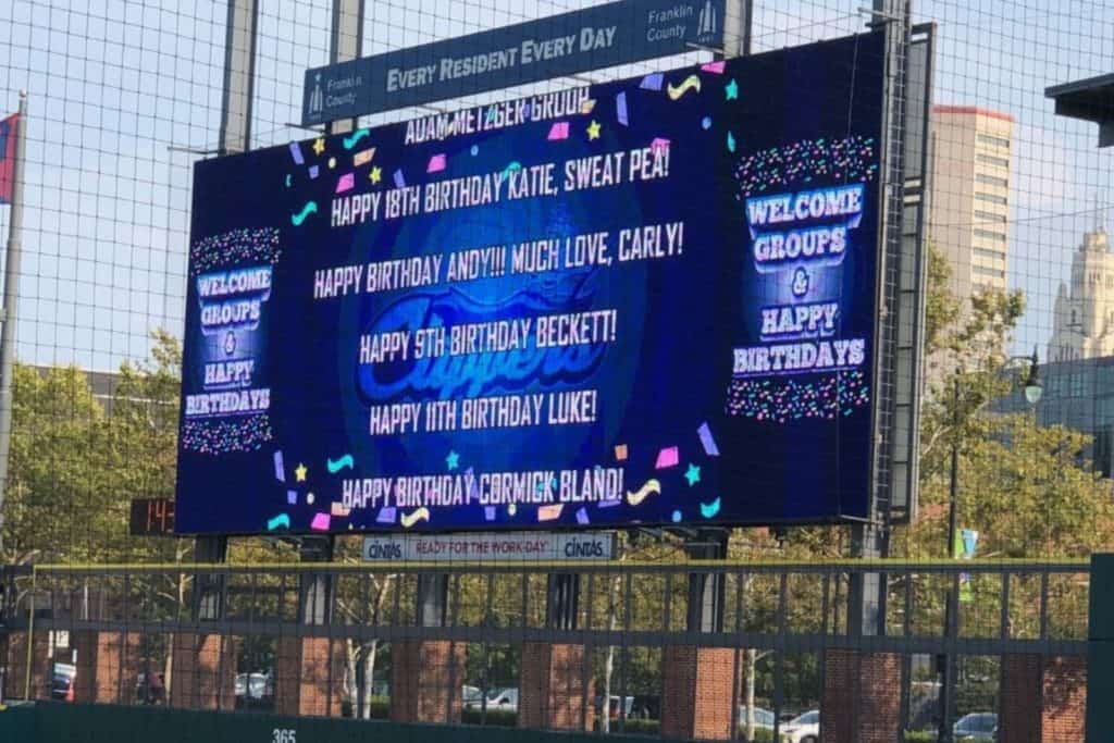 baseball scoreboard with happy birthday messages