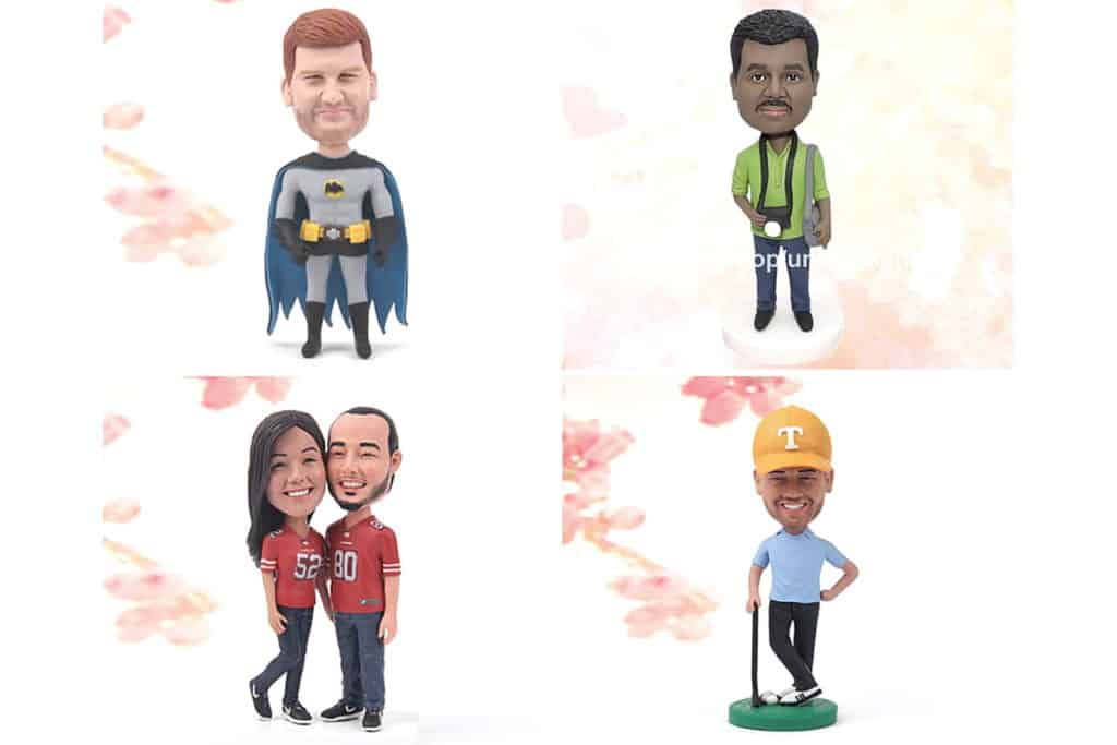 4 custom bobblehead gifts for dads; dad with red hair and dressed as batman, dad with black hair and mustache wearing a camera around his neck, woman and man dressed in red football jerseys, man with orange Tennessee baseball cap leaning on a golf club