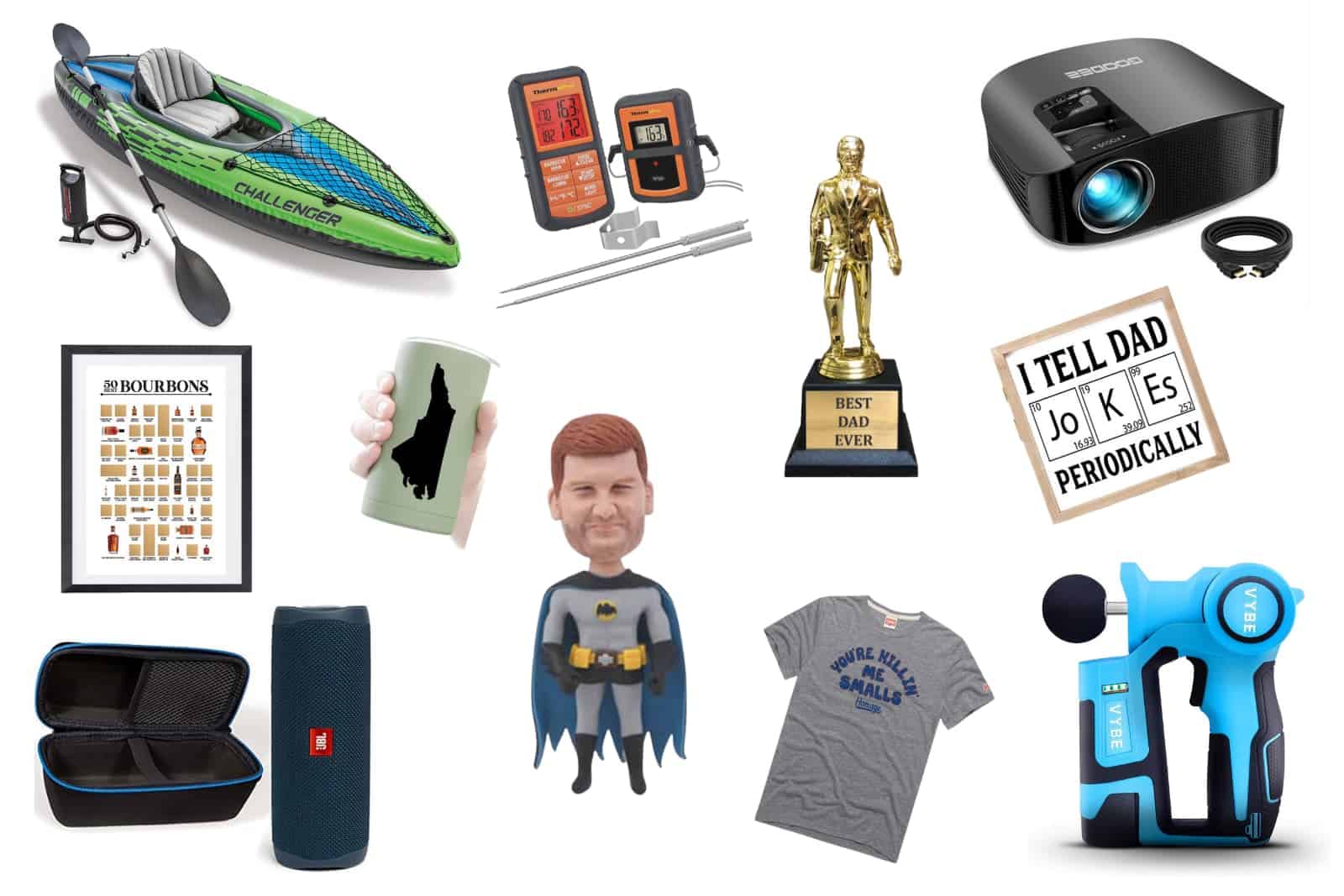 Fun Gifts for Dads Who Want Nothing cover image. Eleven fun gifts for dads: kayak, grill thermometer, Best Dad Ever Dundie, projector, dad jokes sign, hopsulator, bourbon scratch off, speaker, tshirt, personalized bobblehead, massage gun
