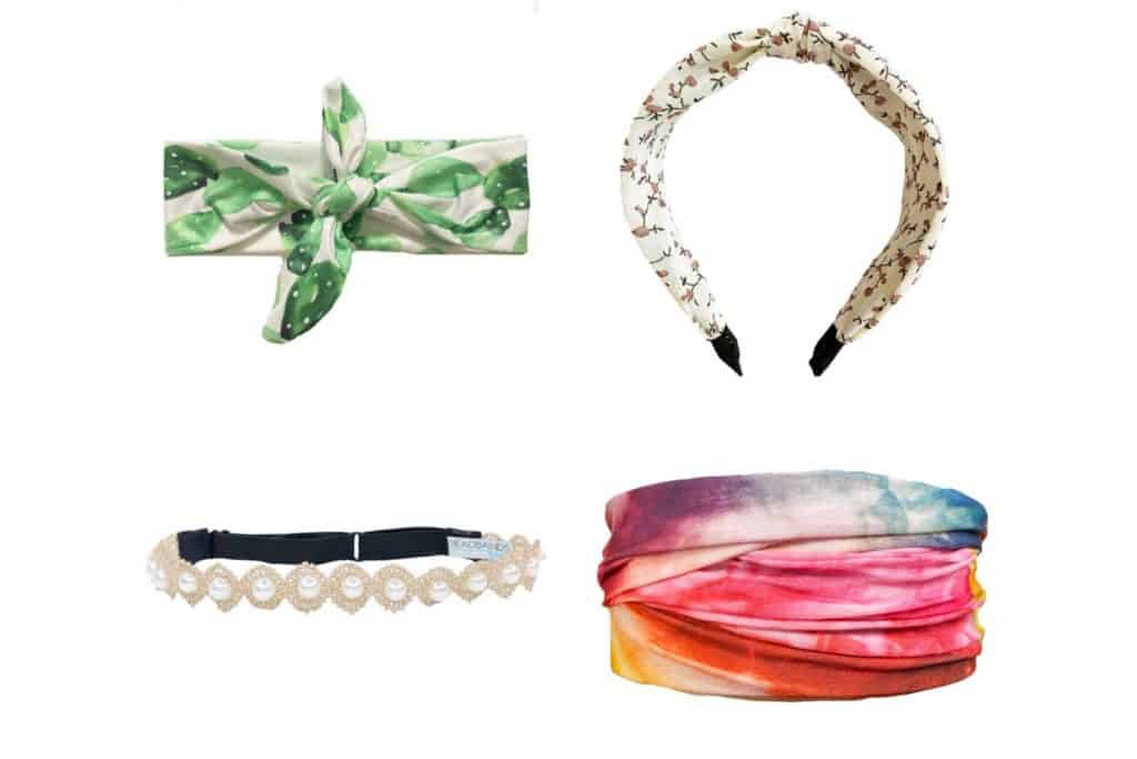 4 headbands from Headbands of Hope. One green and white knotted headband, one vintage floral headband, one pearl stretch headband, one tie-dye turban headband