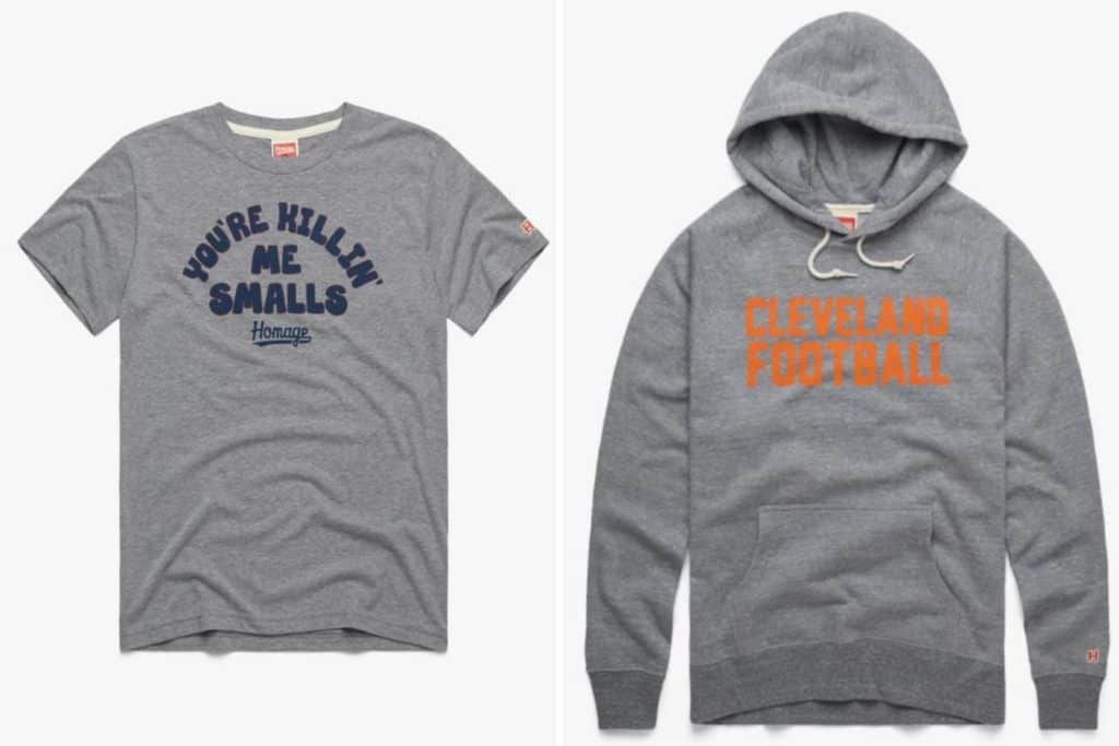 Clothing for dads from Homage: A gray t-shirt that says "You're killin' me smalls" in navy retro lettering and a gray hoodie with "Cleveland Football" in block orange letters