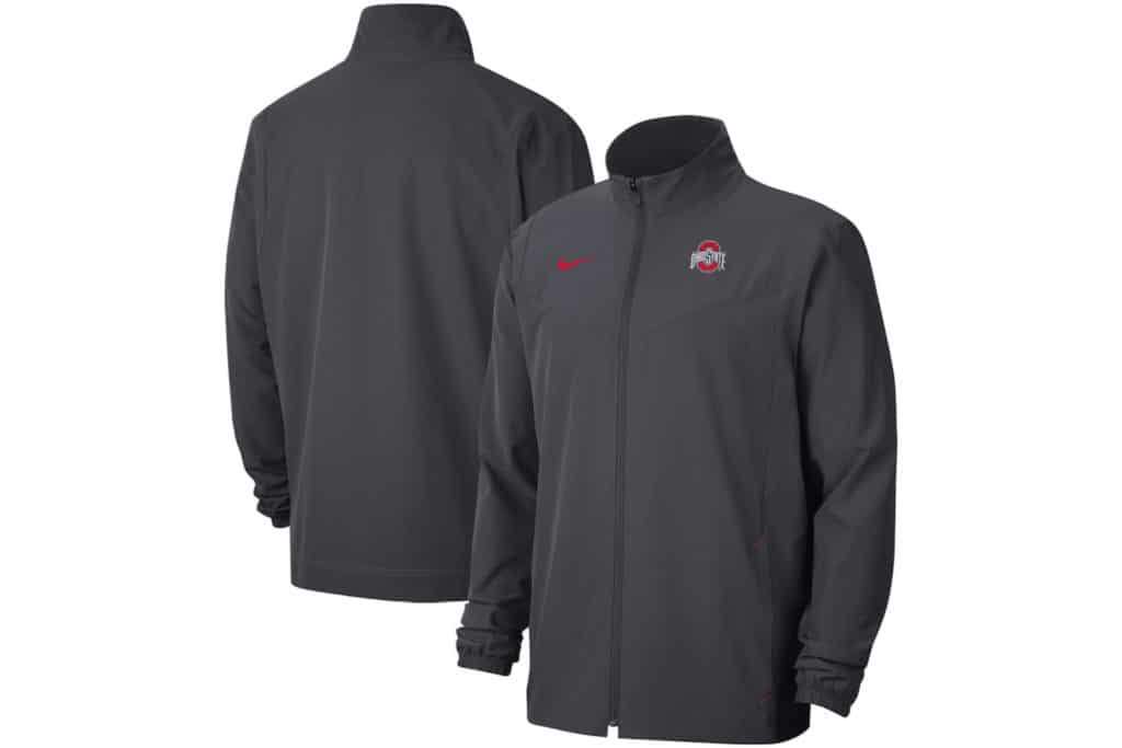 Dark gray full zip men's Nike jacket. Embroidered with Nike logo and Ohio State athletic logo