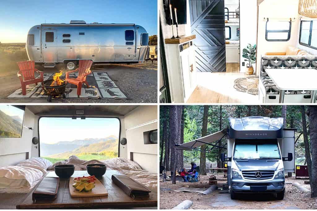 Four pictures from Outdoorsy.com : an Airstream with a small campfire, a black and white RV interior, a view of the mountains from inside an RV with breakfast on the table, and a Winnebago with an open awning in the woods