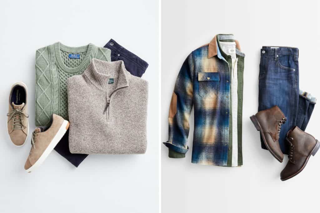 Two clothing flat lays from Stitch Fix for Men. Left image is dressy tennis shoes, two sweaters and a pair of blue jeans. Right image is a flannel shirt over a long sleeve shirt, blue jeans and brown boots