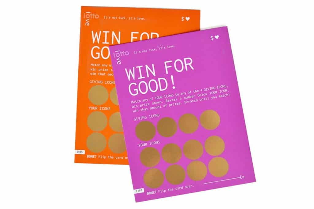 Scratch off lottery cards from LottoLove in bright orange and fuscia.