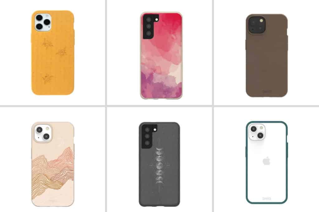 Six Pela phone cases to use as stocking stuffers for college students: yellow honey bee, pink watercolor, plain brown, clear with green ridge, black with moon phases, boho mountain peaks
