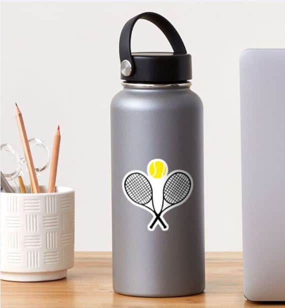 Tennis racket stickers on water bottle