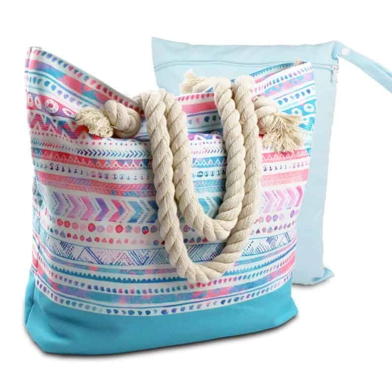 Teal patterned boho beach bag with rope handles