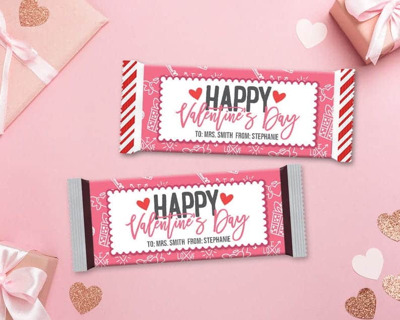Personalized red, pink and white candy bar wrappers for Valentine's Day