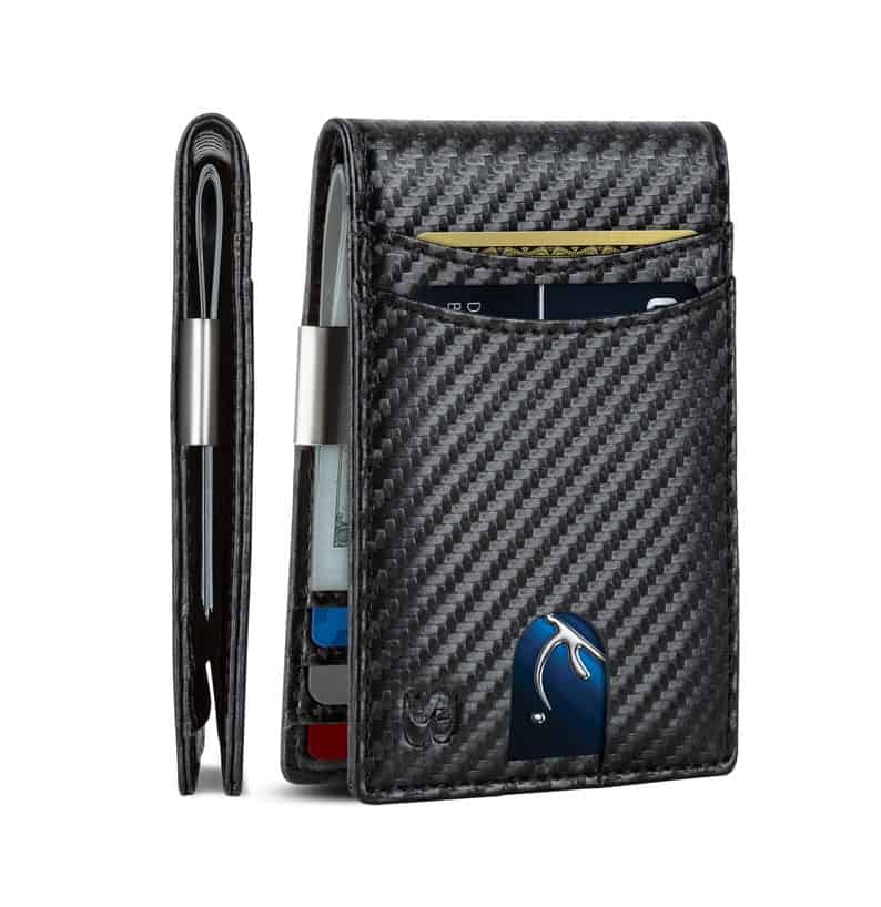 Carbon fiber look leather wallet for guys. Black slim wallet shows side view with money clip and front with 2 easy access cards