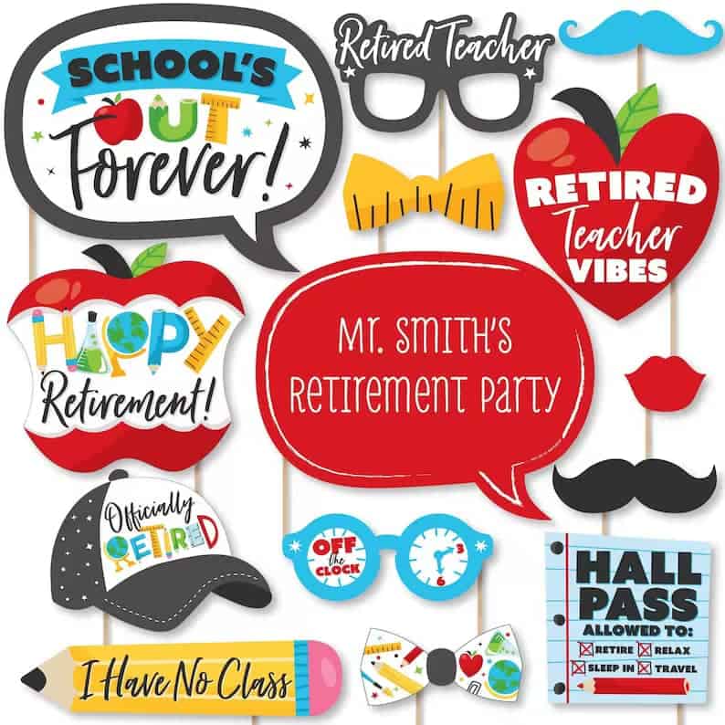Set of photo booth props for a teacher retirement party. Bright colors, mostly red, blue and yellow. Shapes are speech bubbles, glasses, mustaches, bow ties, apples, pencils. Center speech bubble is read with "Mr. Smith's retirement party" in white font