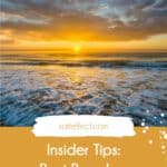 Pinterest pin that says "Insider Tips: Best Beaches for Families" at the bottom in white font over a tan rectangle. Top 2/3 is a sunset over the water with clouds in the sky.