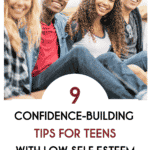 Pinterest pin that says "9 Confidence-building tips for teens with low self esteem" in black and burgundy against a white background. salteffect.com is in white on top of a burgundy rectangle at the bottom. The top image is 4 teenagers (2 boys and 2 girls of different races/ethnicities)