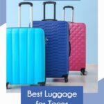 Pinterest pin with blue and white background and vertical image of 3 suitcases against a light blue wall. One suitcase is bright blue, one is navy blue, one is fuscia. In a blue banner at the top is salteffect.com and below the image is the title and subtitle, also in a blue box: "Best Luggage for Teens: Top Picks from a Vacation-Planning Expert