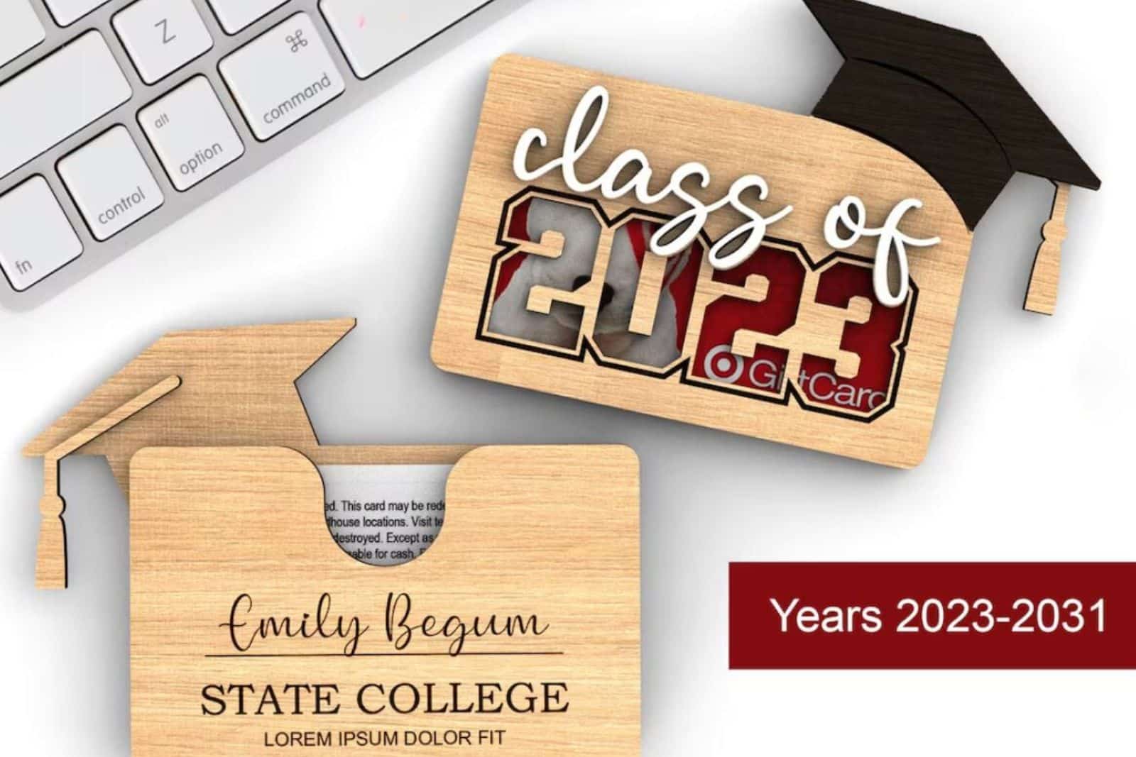 Gift card for the grad's new town in a custom holder