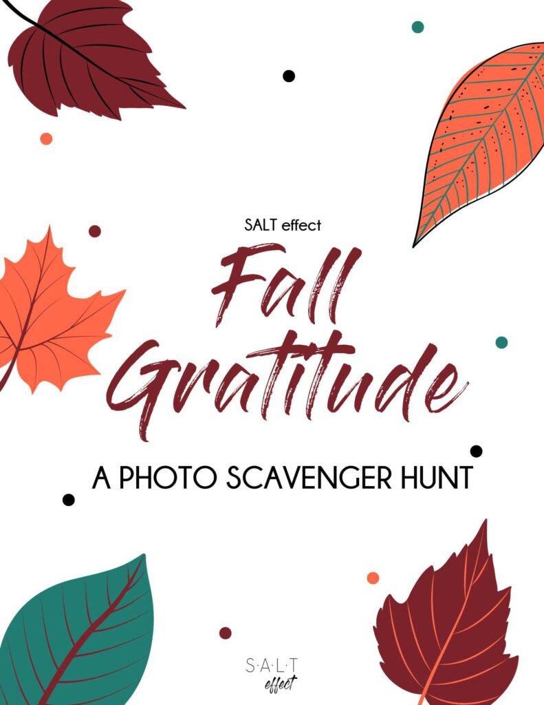 Front cover of a free download. White background with burgundy, green and orange leaves. Title is "Fall Gratitude: A Photo Scavenger Hunt" from SALT effect.