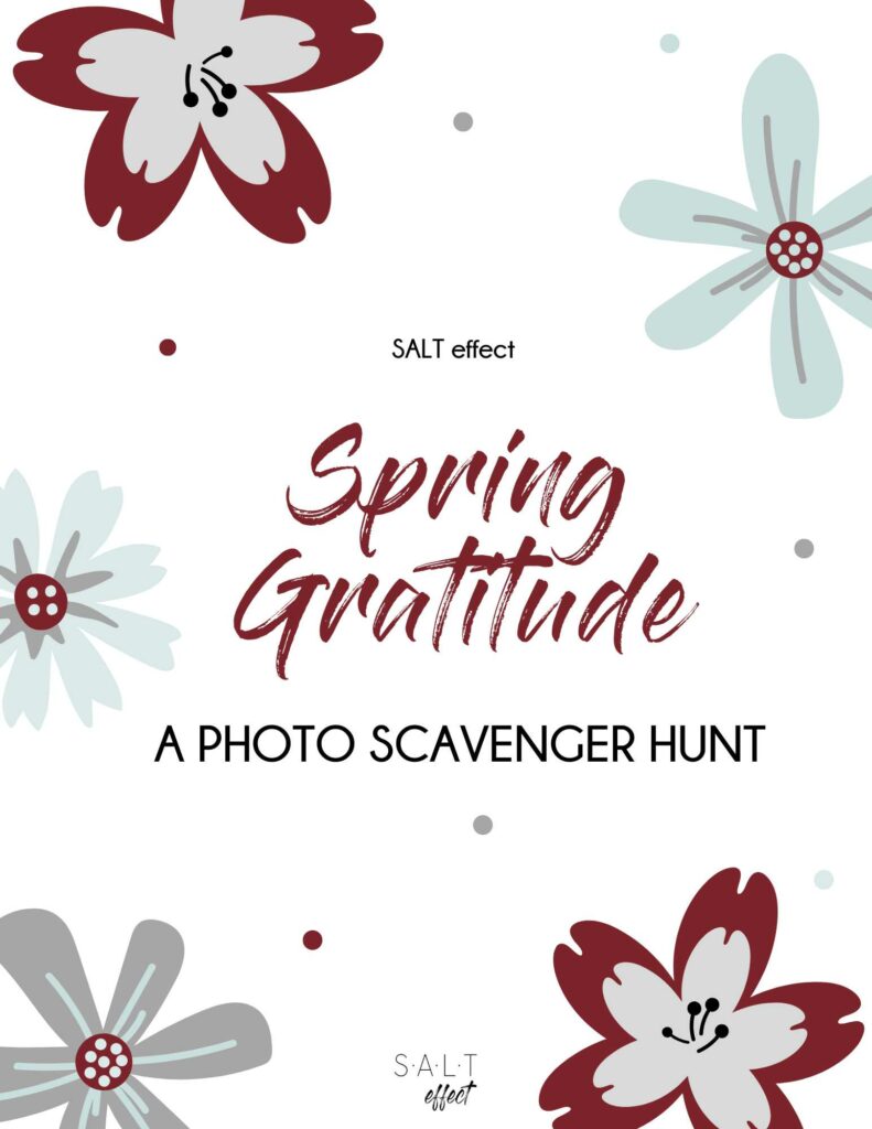 Front cover of a free download. White background with burgundy, gray and green flowers. Title is "Spring Gratitude: A Photo Scavenger Hunt" from SALT effect.